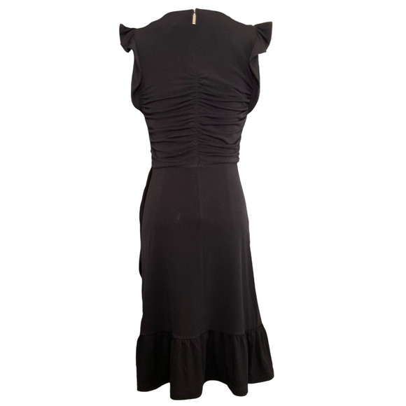 Michael Kors XS Black Dress Ruched Bodice Flutter Sleeves Ruffled Hem Cocktail - Picture 2 of 11